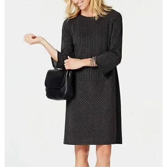 J Jill Ponte Dress Striped Soft Stretch Grey Color Knit 3/4 Sleeve Size Medium - Picture 1 of 9